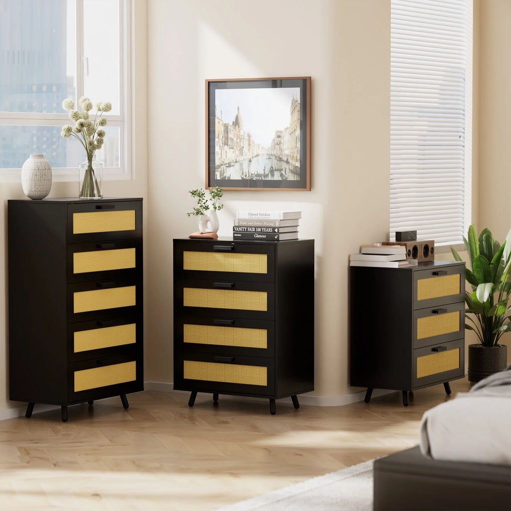 Black 4 Drawer Rattan Dresser I845715