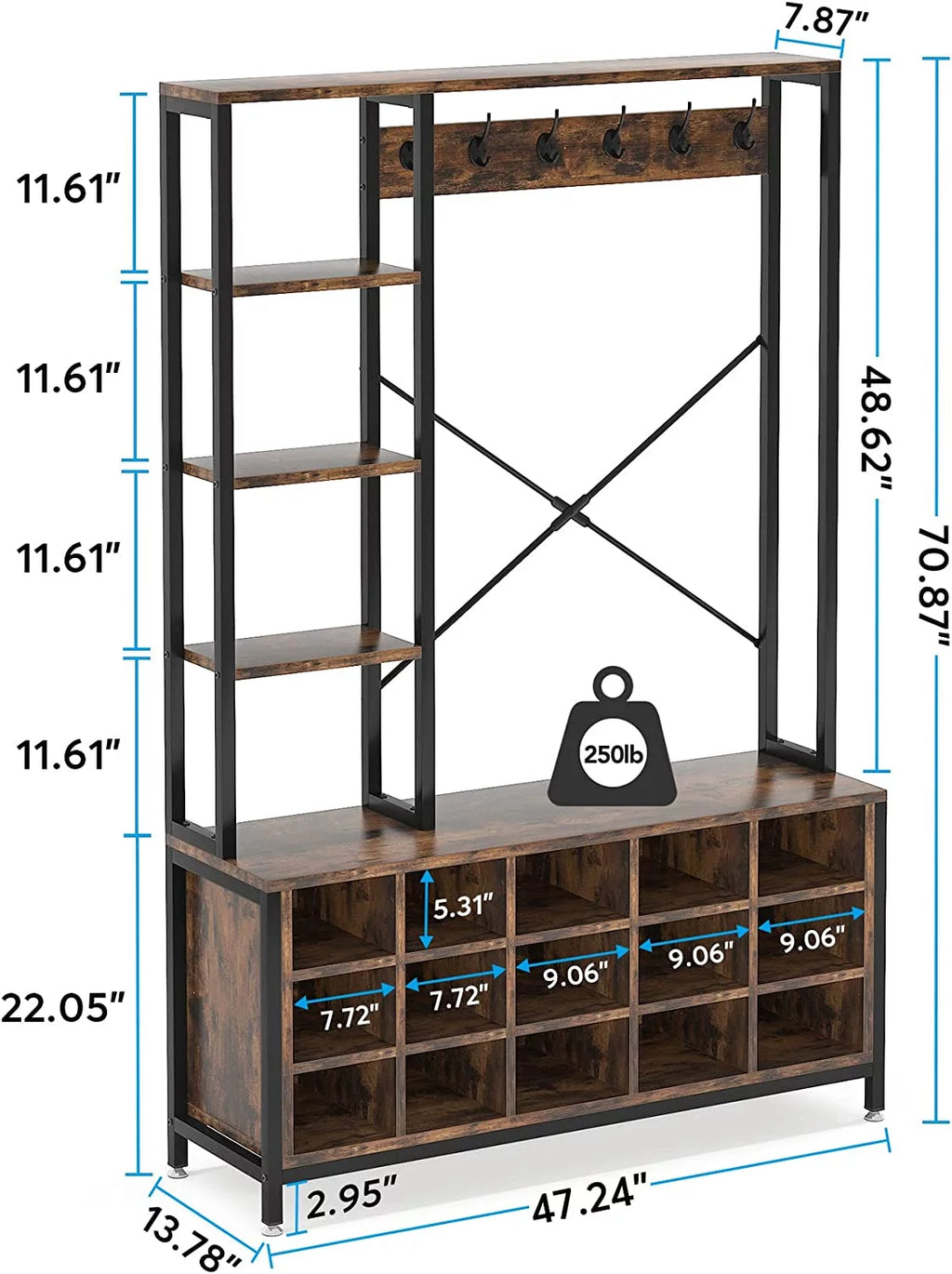 Industrial Hall Tree with Bench and Shoe Storage and Coat Rack L410
