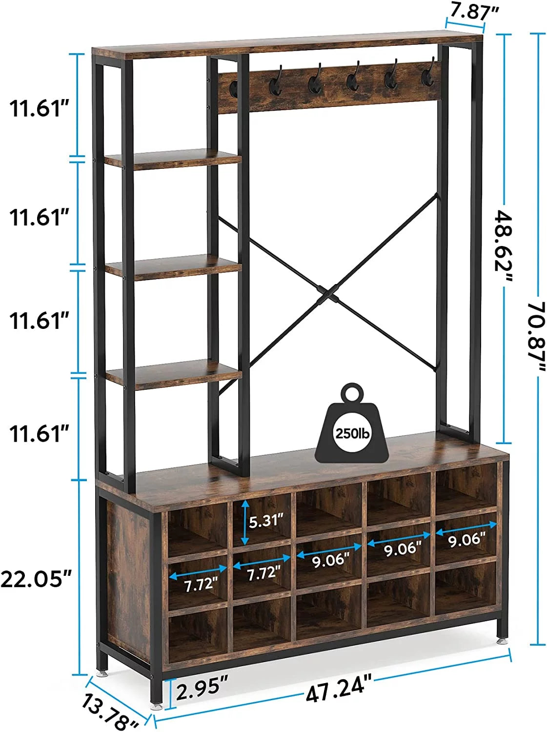 Industrial Hall Tree with Bench and Shoe Storage and Coat Rack L410
