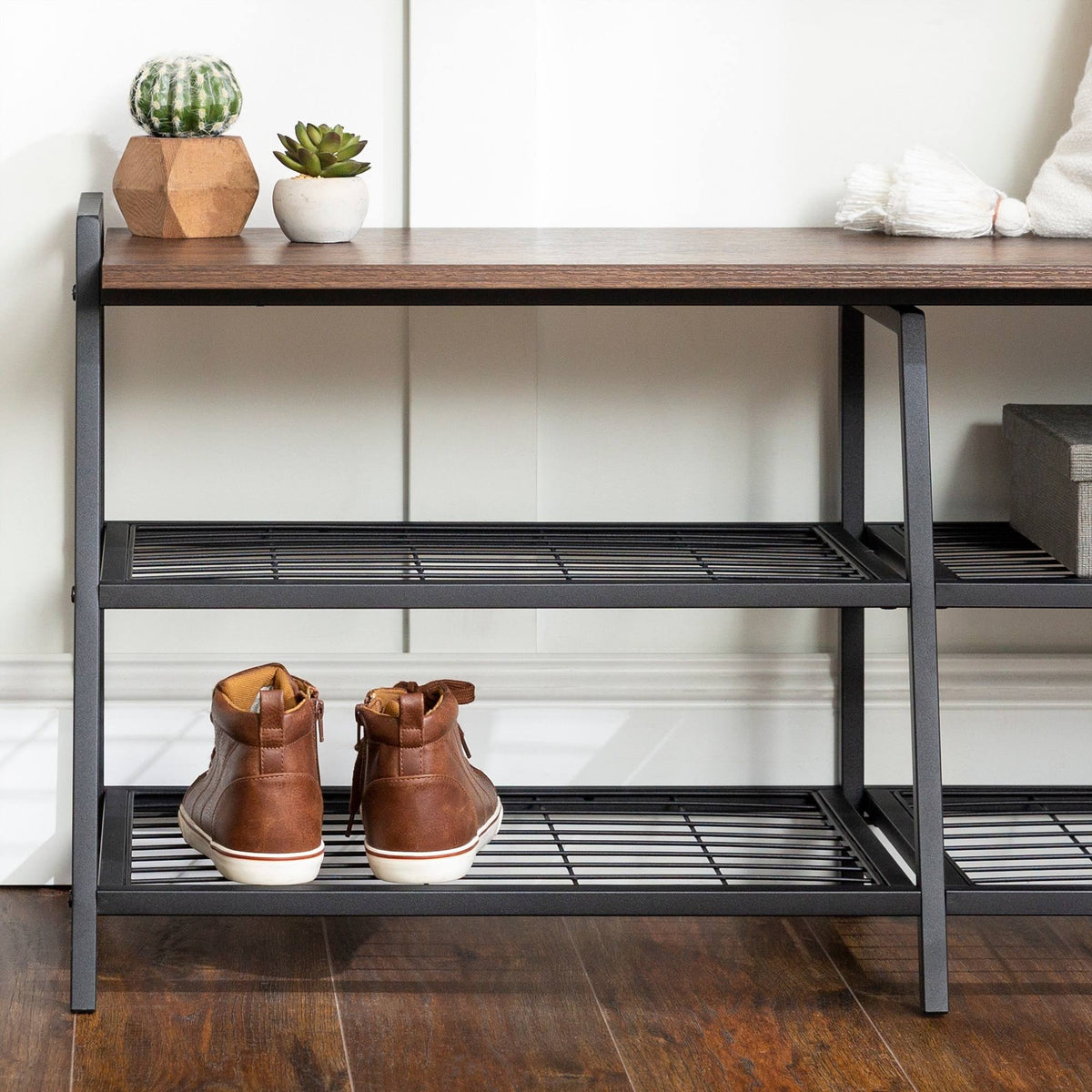 Industrial Shelf Entry Bench Grey Wash X9377