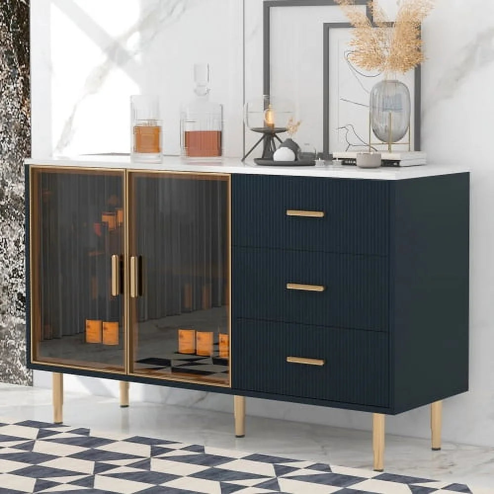 Modern MDF Buffet Cabinet with Marble Sticker Tabletop and Tempered Glass Doors O940171