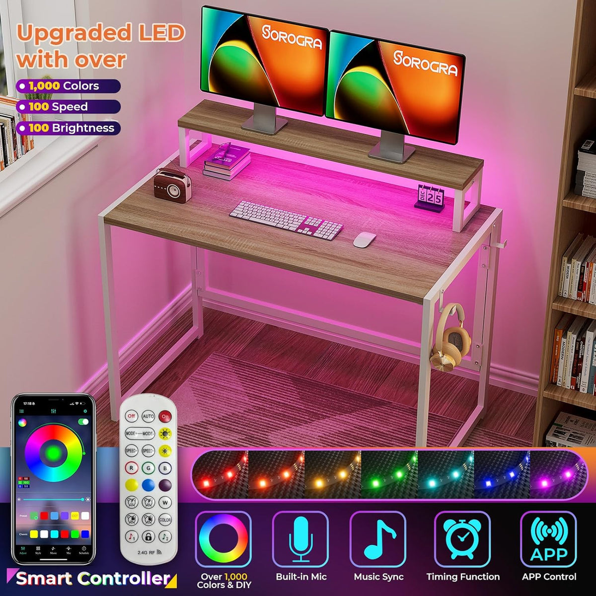31.5 inch Folding Desk with Led Lights G362