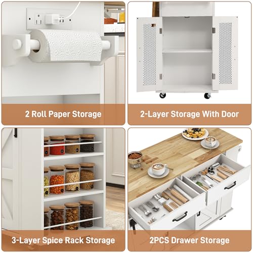 59" Kitchen Island with Power Outlet, Drop Leaf, Spice Rack, Drawers and Adjustable Shelves J2991