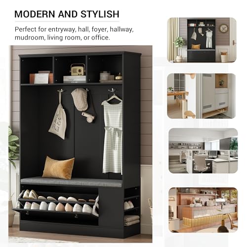 White 39.4 Inch Hall Tree with Storage Bench and 6 Hooks Y6813