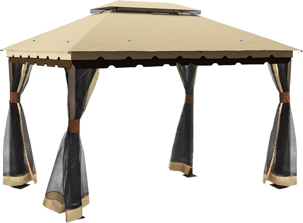 10x13 ft Khaki Steel Gazebo with Mosquito Netting A5665