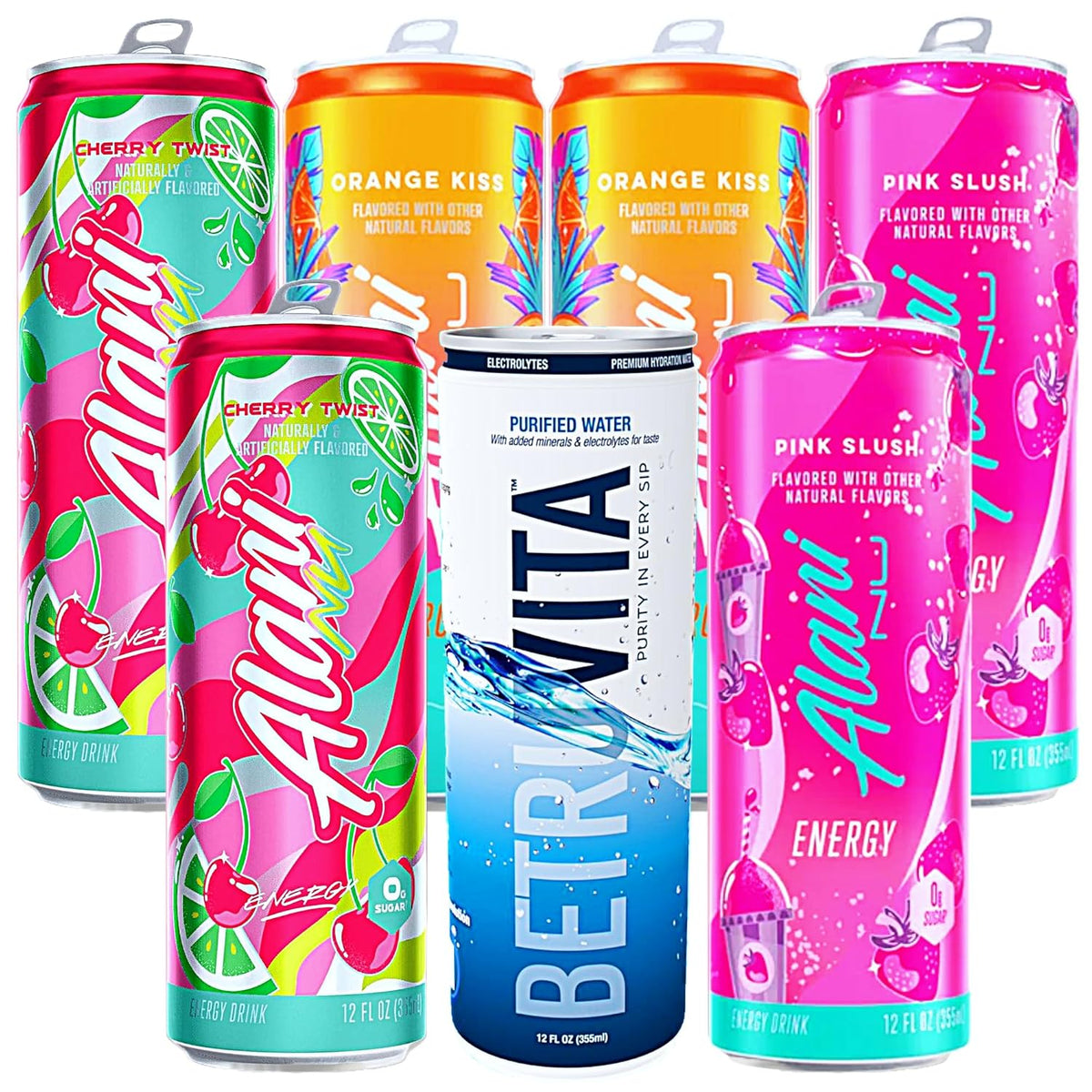 Pink Slush, Cherry Twist, and Orange Kiss Energy Drink Variety Pack of 6, 12 Fl oz Cans U82890