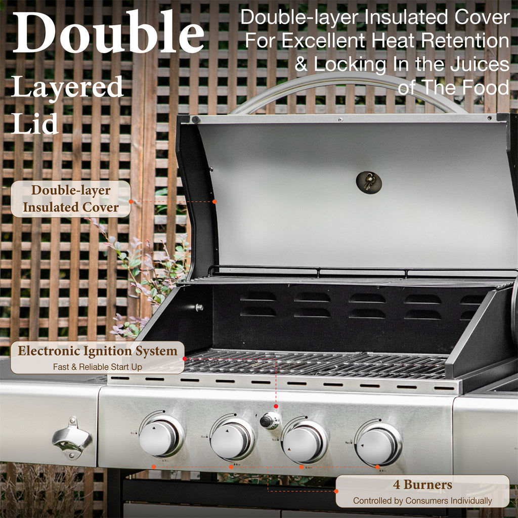 4 Burner Propane Gas Grill with Side Burner Stainless Steel G96453