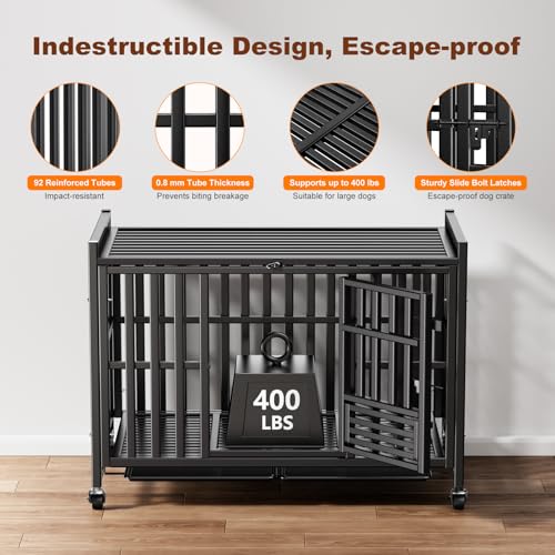 42 Inch Heavy Duty Dog Crate with 3 Doors and 4 Lockable Wheels B481927