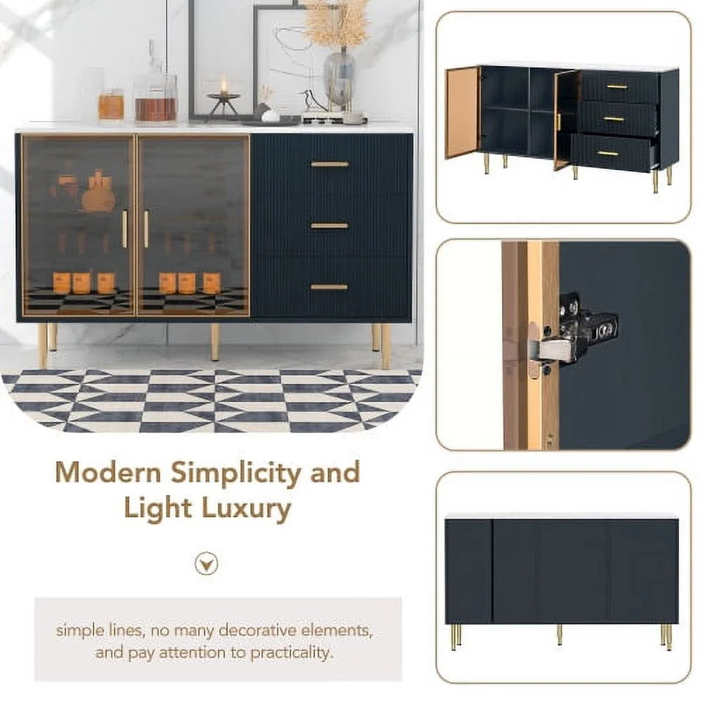 Modern MDF Buffet Cabinet with Marble Sticker Tabletop and Tempered Glass Doors O940171