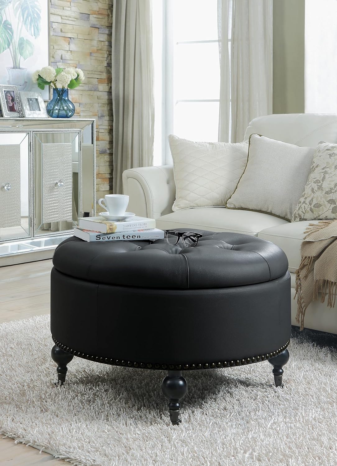 Black PU Button Tufted Round Ottoman U15534