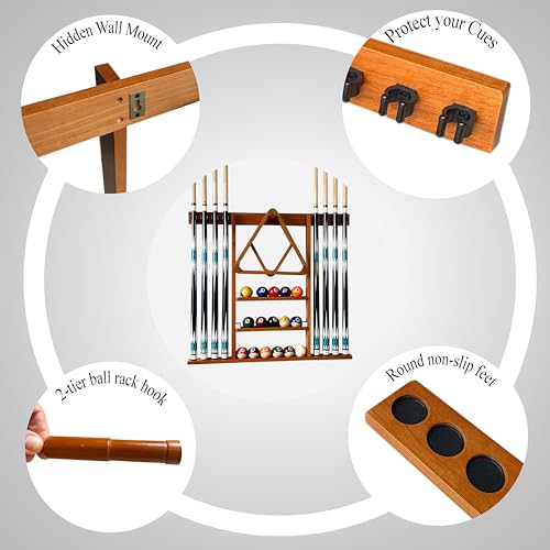 Wall Mount Pool Cue Stick Holder Hold 8 Cues Solid Wood Mahogany F3891