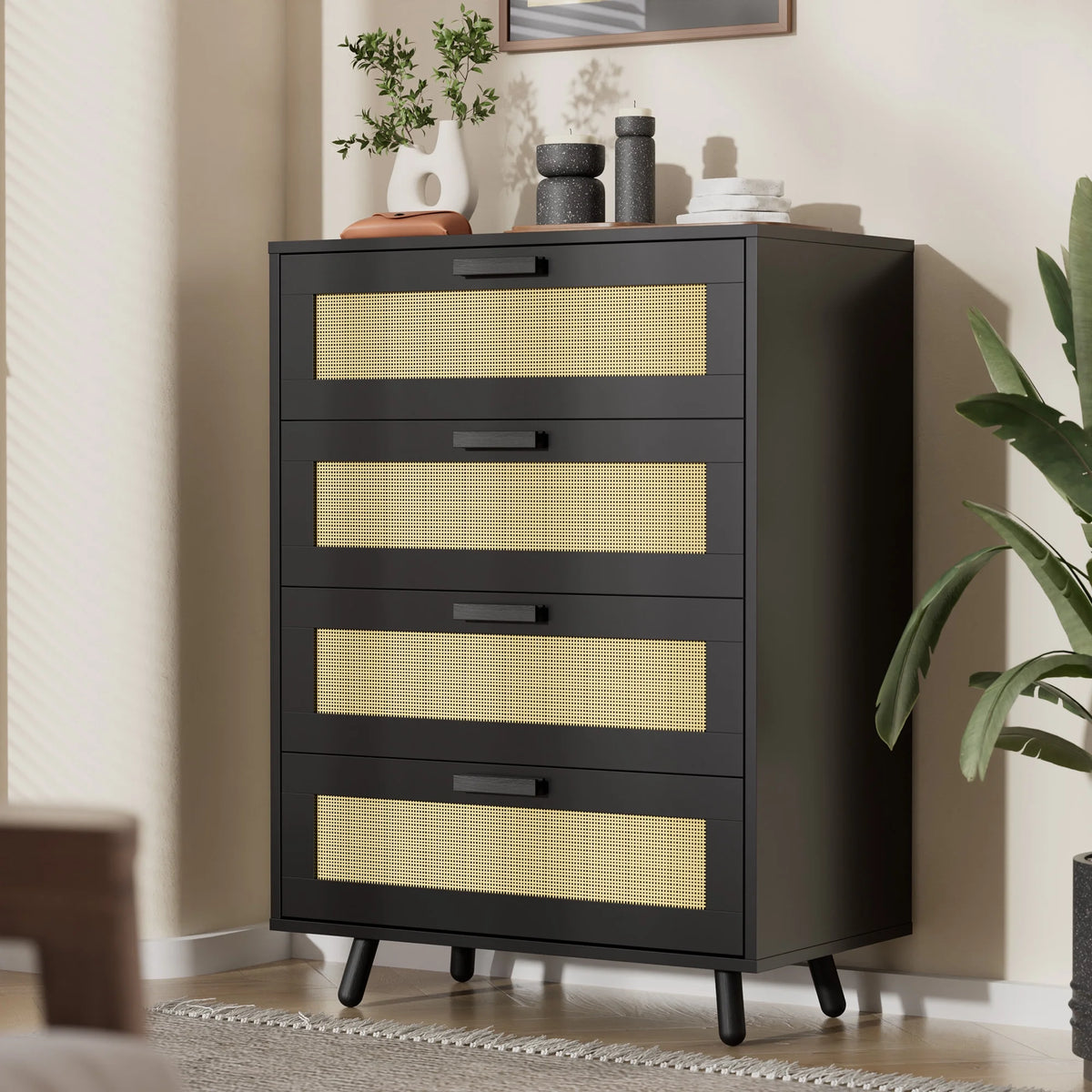 Black 4 Drawer Rattan Dresser I845715