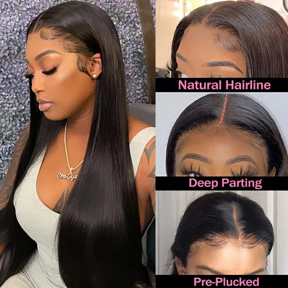 13x4x1 T Part Straight Transparent Lace Frontal Wig Human Hair 180% Density Pre Plucked with Baby Hair Natural Color 26inch O277