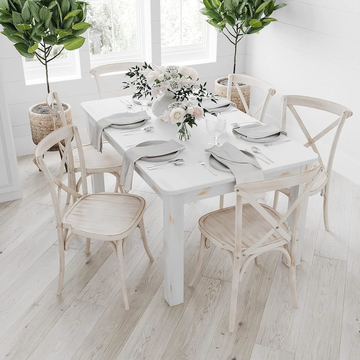 60" X 38" Rectangular Antique Rustic White Solid Pine Dining Table C100