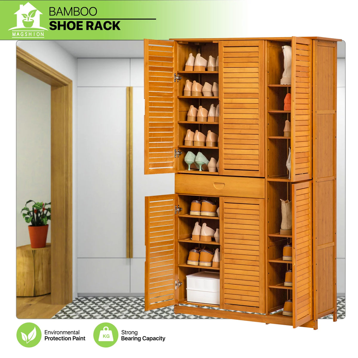 Bamboo 10 Tiers 1 Drawer Shutter Doors Shoes Cabinet G27846