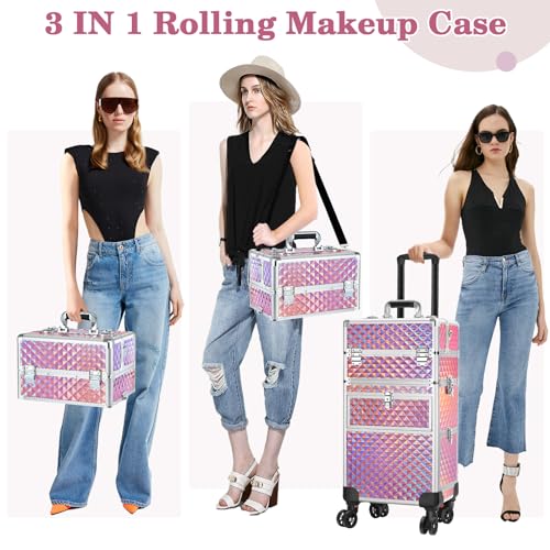 Rolling Makeup Train Case with 360° Swivel Wheels Keys C953