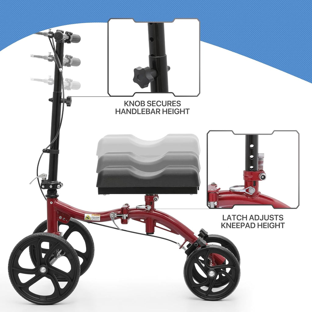 Compact All Terrain Knee Scooter with Dual Braking System, Red L3044