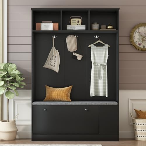 White 39.4 Inch Hall Tree with Storage Bench and 6 Hooks Y6813