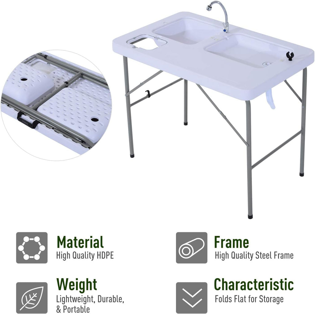 Portable Folding Camping Sink Table with Faucet and Dual Water Basins M5317