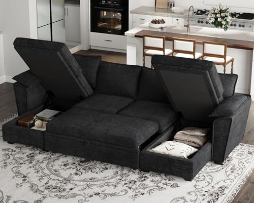 Oversized Modular Sectional Sleeper Sofa with Pull Out Bed and Storage Ottomans Chenille Black H9854