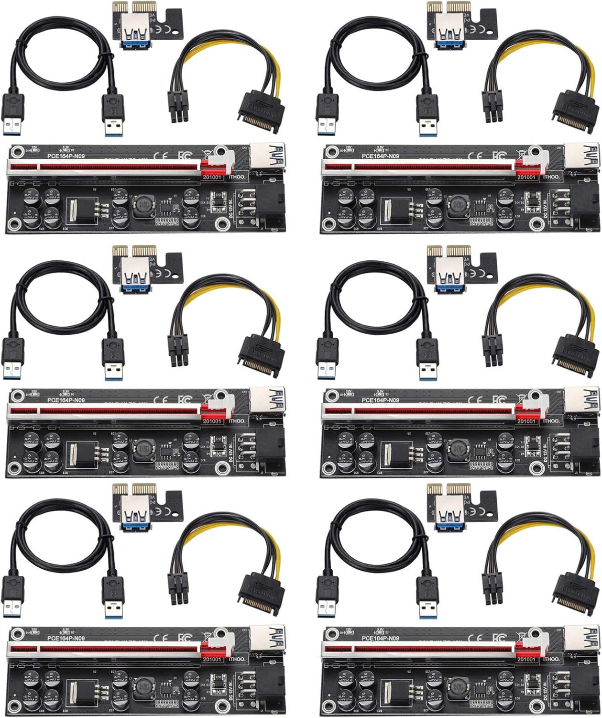 PCI-E 1X to 16X Riser Card with 24in USB 3.0 Extension Cable & 6PIN SATA Power Cable, Black, Pack of 2 L944121