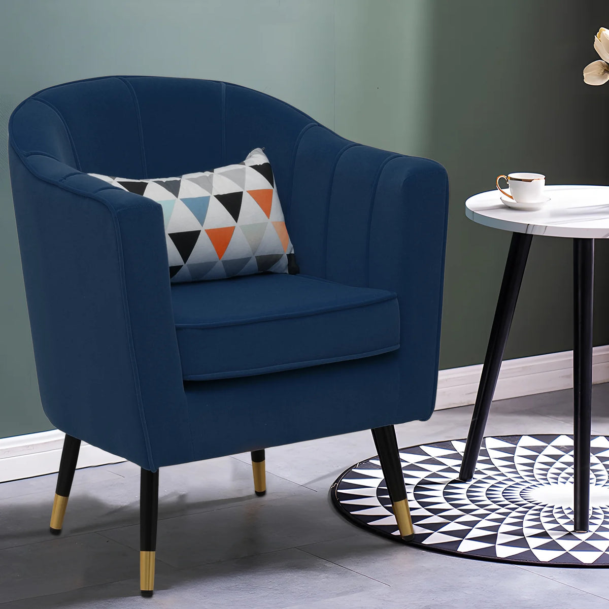 Navy Blue Upholstered Barrel Chair with Pillow U39128