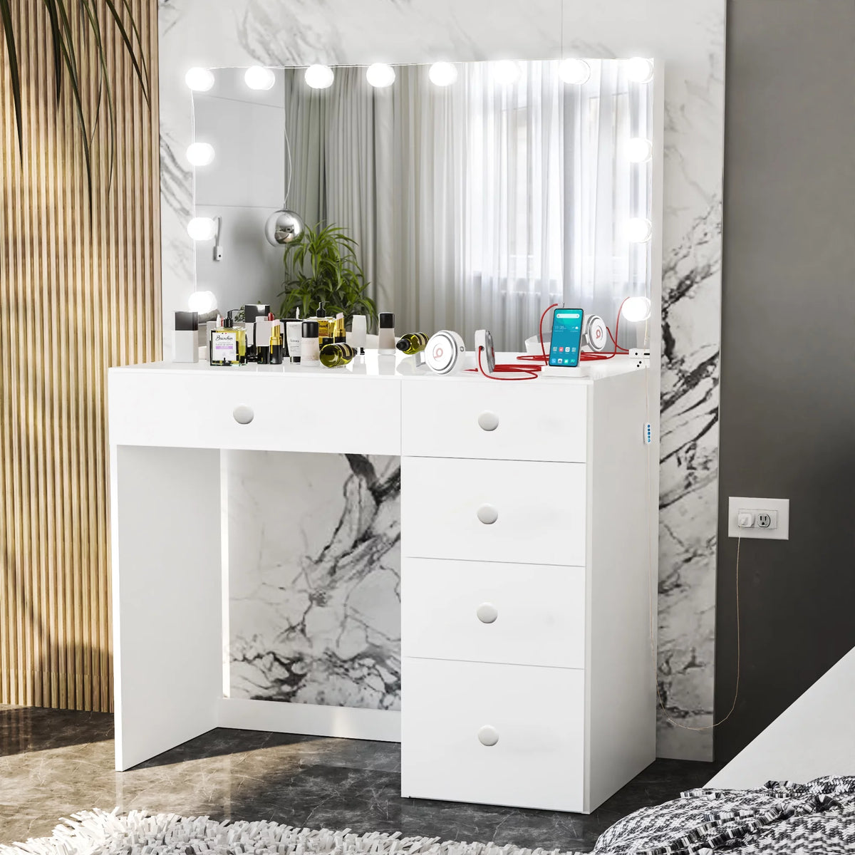 Modern White Vanity Desk with 5 Drawers U4659