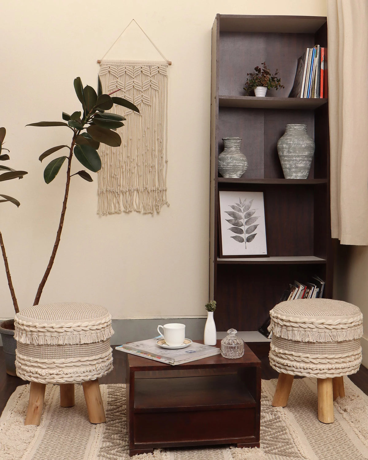 Handmade Wooden 4 Legs Tufted Seat 100% Cotton Foot Stool M21953