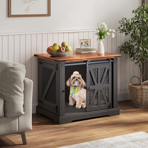 40" Heavy Duty Dog Crate Furniture with Double Doors Black L2403