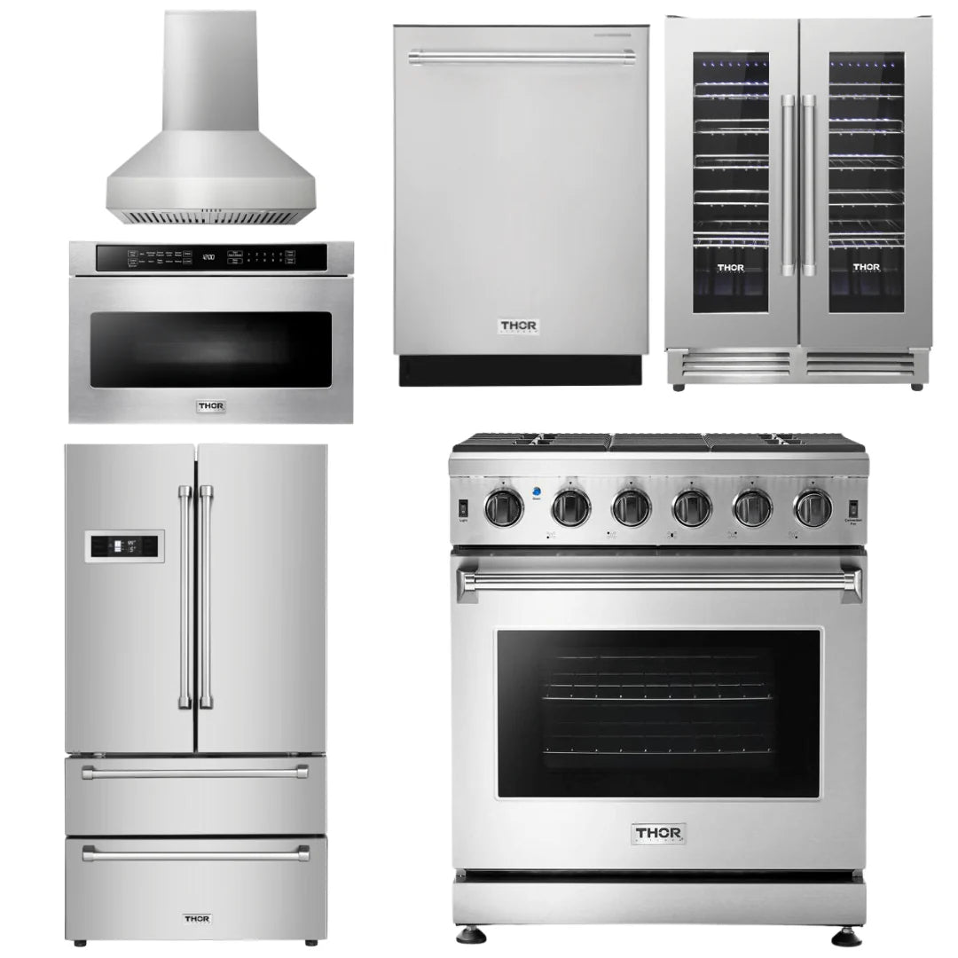 30 Propane Gas Range, Range Hood, Microwave, Refrigerator, Dishwasher, Wine Cooler U3547