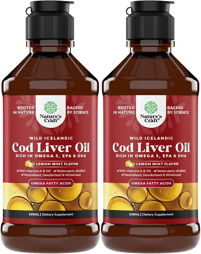 Wild Caught Cod Liver Oil Liquid with Omega 3 EPA DHA Vitamin D & A 240 ml 2 Pack T9800