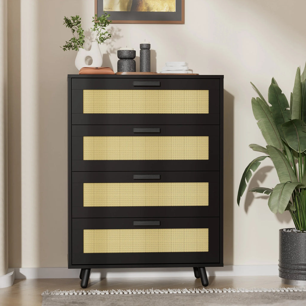 Black 4 Drawer Rattan Dresser I845715