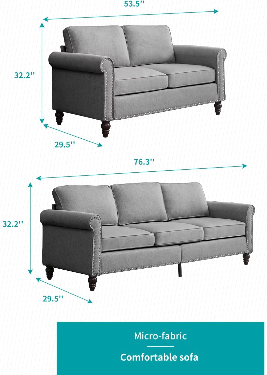 2 Piece Soft Sofa Loveseat Set, Light Grey V930279