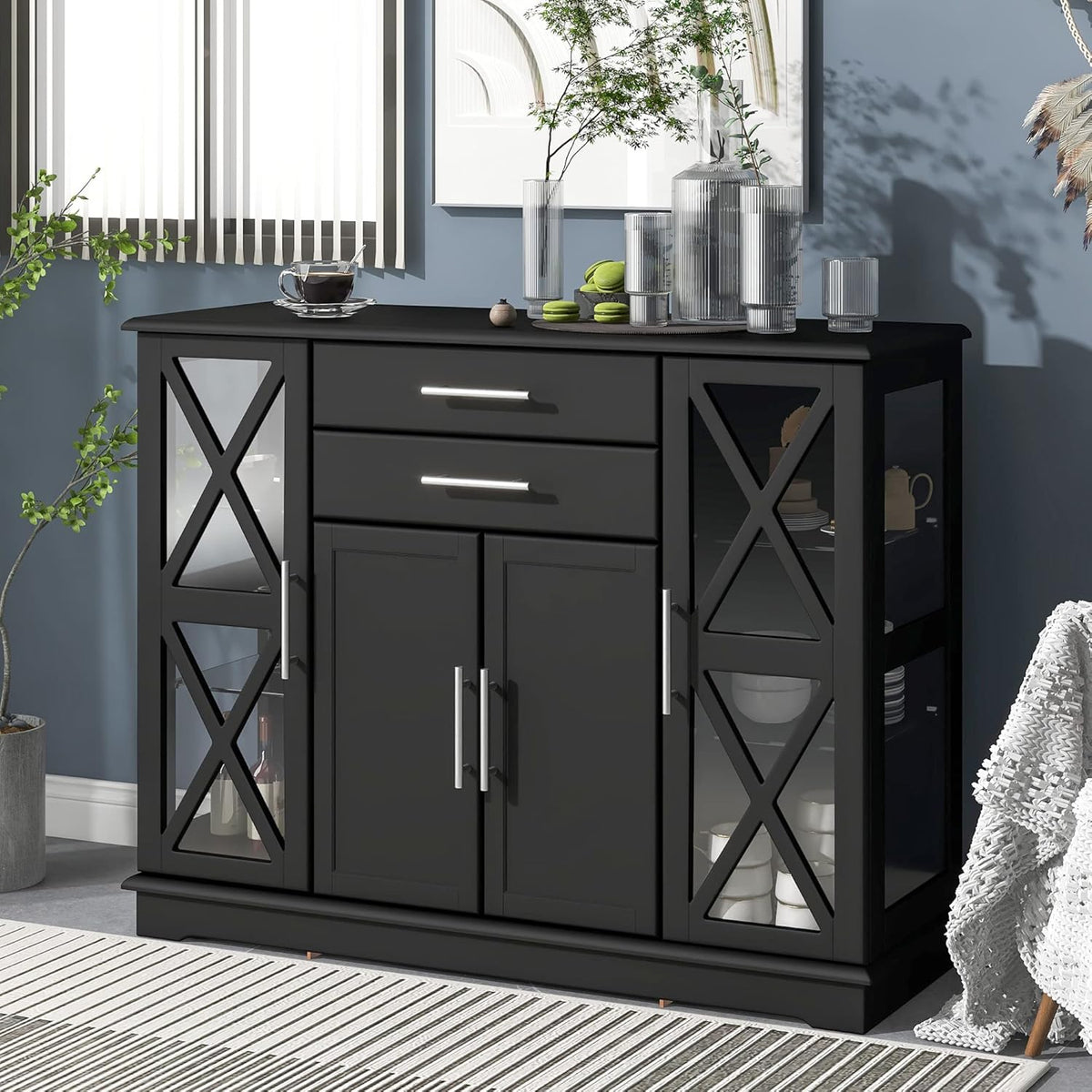 Black Wood Glass Sideboard Buffet Server with 2 Drawers and 3 Cabinets W131