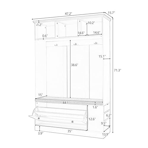 White 39.4 Inch Hall Tree with Storage Bench and 6 Hooks Y6813