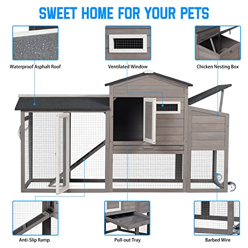 Chicken Coop Hen House Wooden Poultry House with Nesting Box, Wheels, Waterproof Roof, Pull Out Tray P814