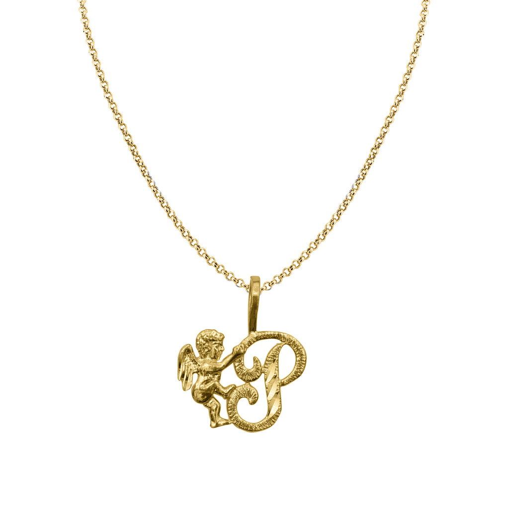 14K Yellow Gold Cherub Initial Pendant with 18" Chain Necklace L689