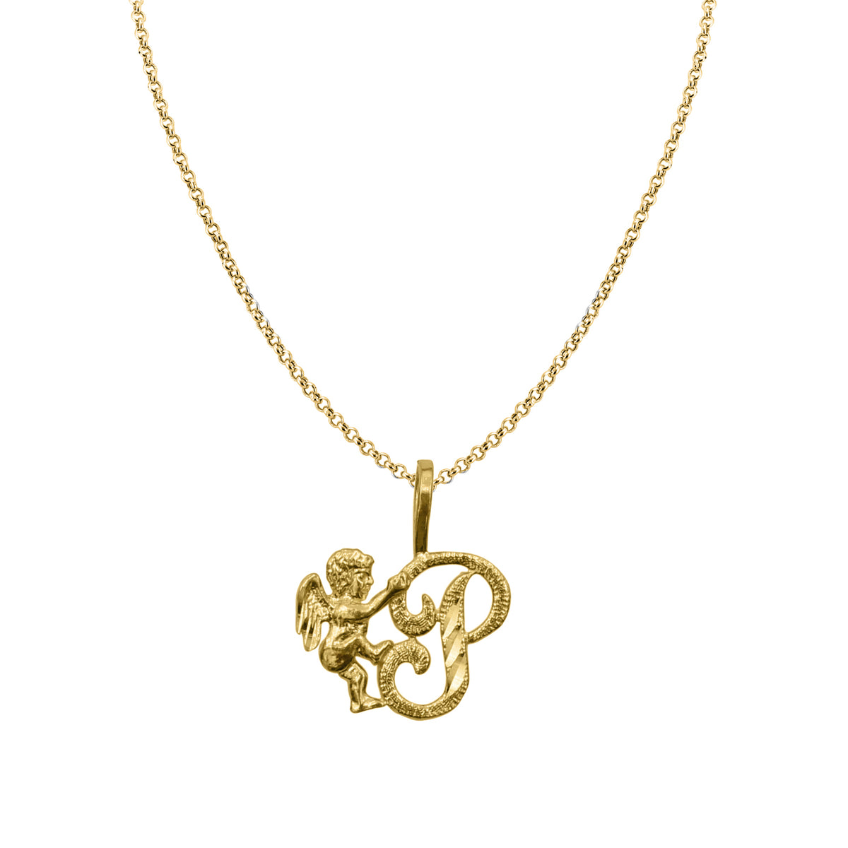 14K Yellow Gold Cherub Initial Pendant with 18" Chain Necklace L689