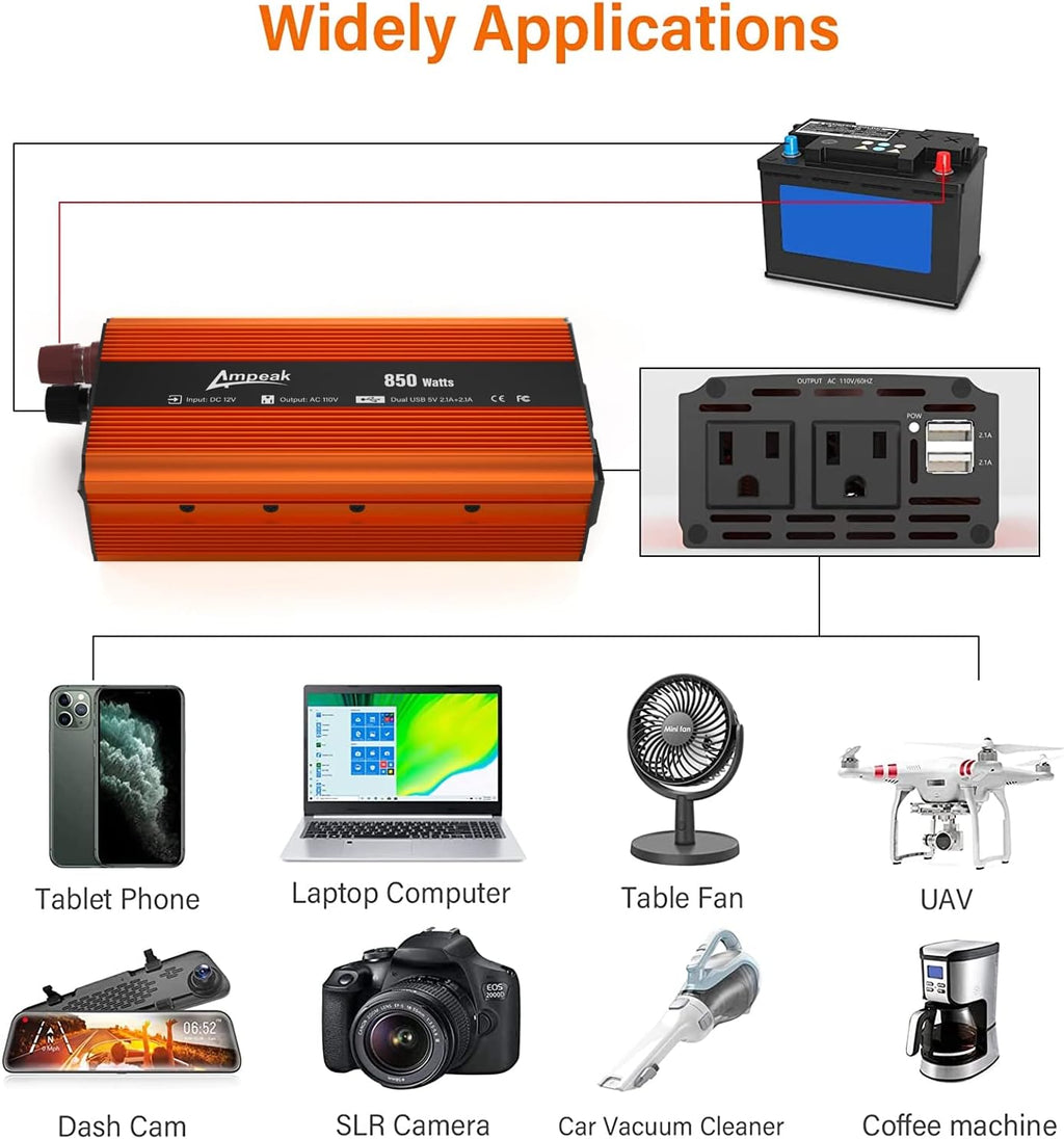 850W Car Power Inverter 12V to 110V 2 USB Ports 2 AC Outlets Pack of 2 A7105