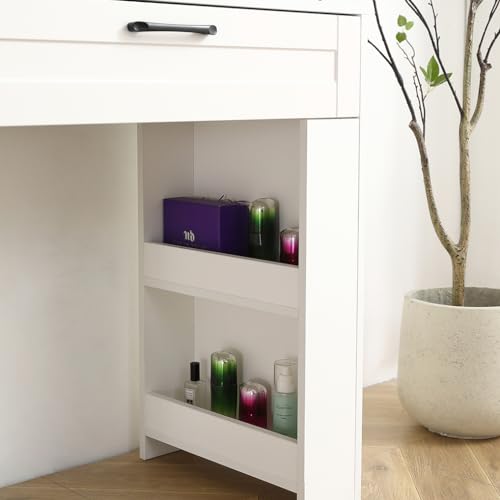 White Vanity Desk With Mirror And Cushioned Stool O14558