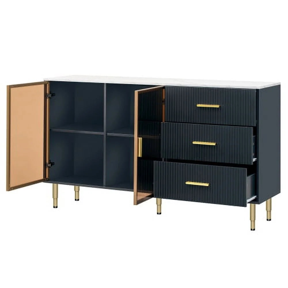 Modern MDF Buffet Cabinet with Marble Sticker Tabletop and Tempered Glass Doors O940171