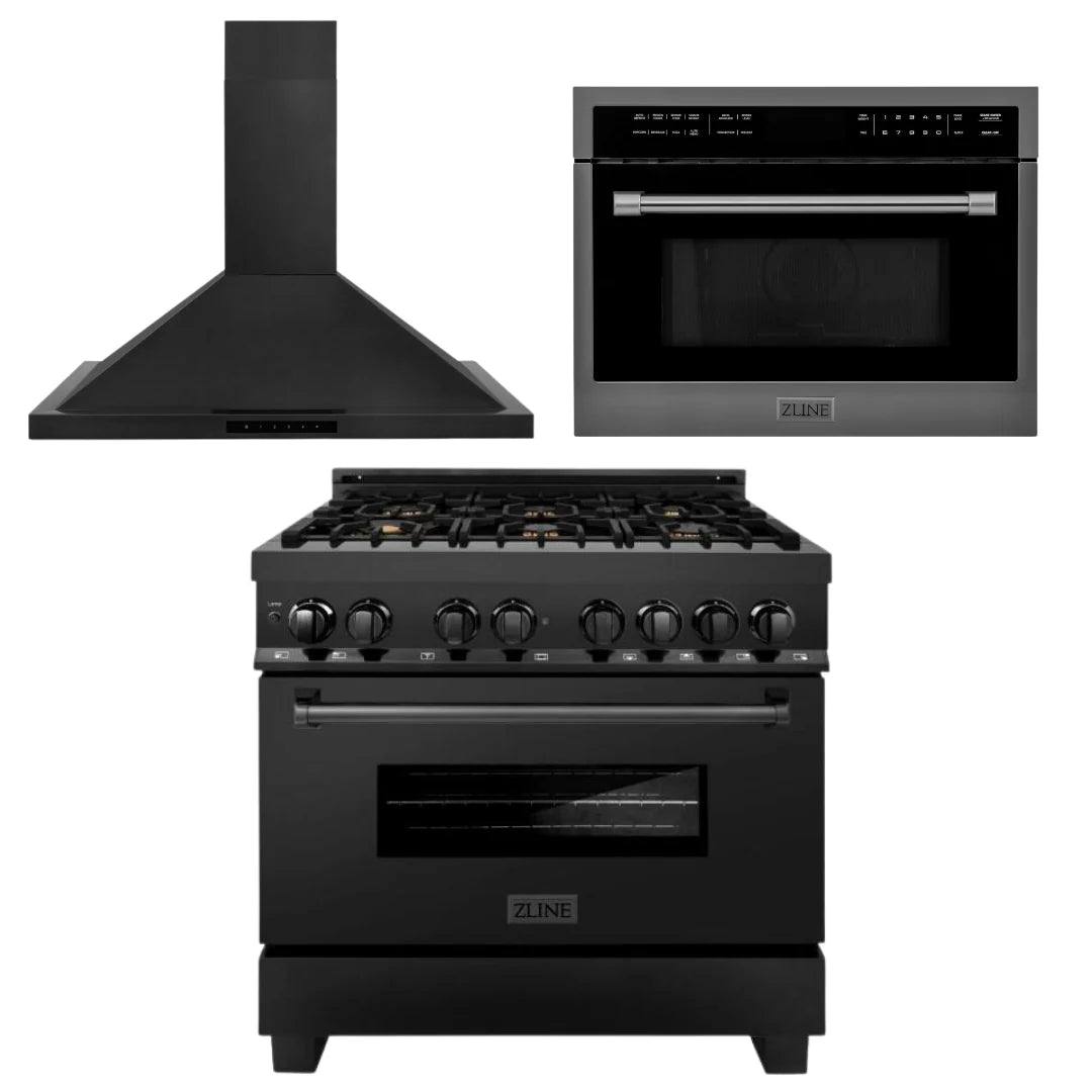 36 In. Dual Fuel Range, Range Hood, Microwave Oven in Black Stainless Steel I384390