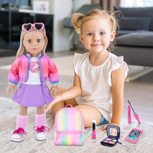 18 Inch Doll Clothes and Makeup Accessories Set with Rainbow Backpack J845