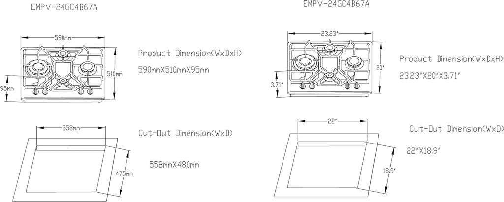 24 Inch Stainless Steel Gas Cooktop with 4 Burners J70379