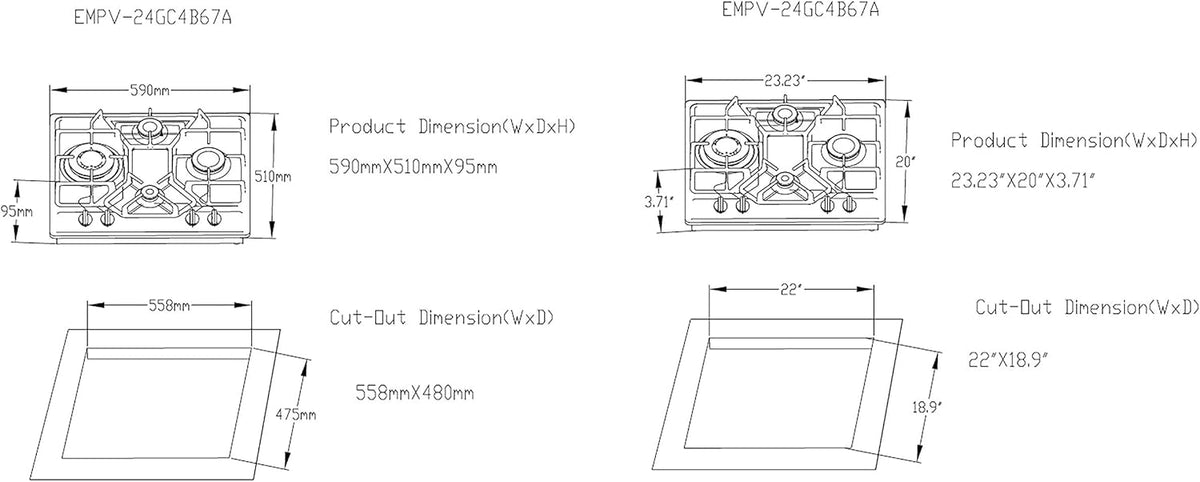 24 Inch Stainless Steel Gas Cooktop with 4 Burners J70379