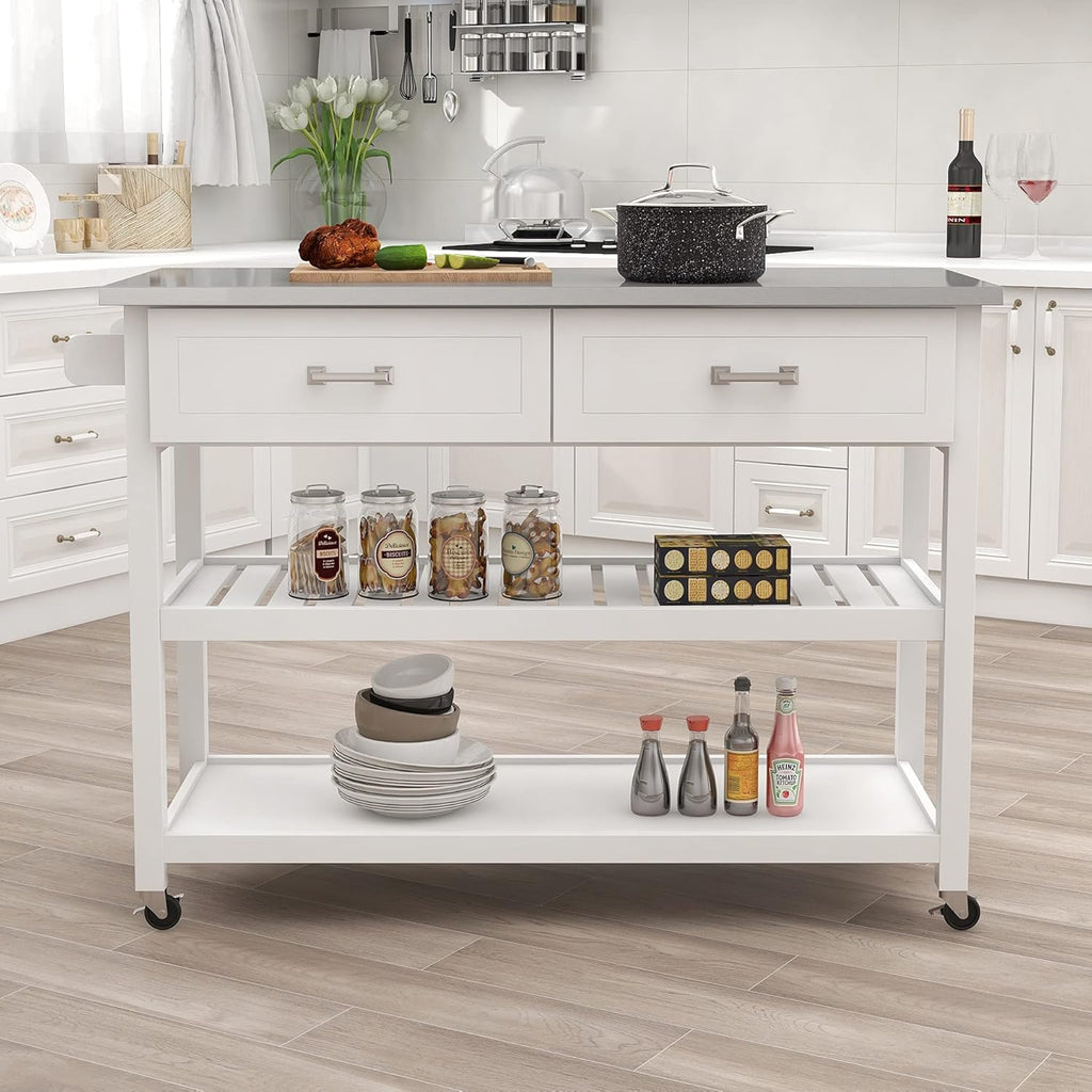 White Stainless Steel Top Kitchen Island on Wheels with 2 Drawers and Storage Shelves H7115