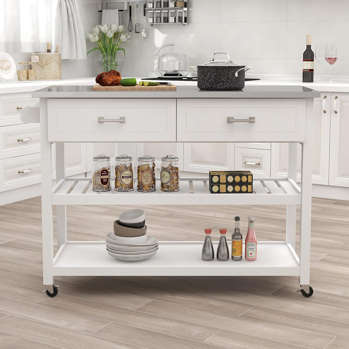 White Stainless Steel Top Kitchen Island on Wheels with 2 Drawers and Storage Shelves H7115