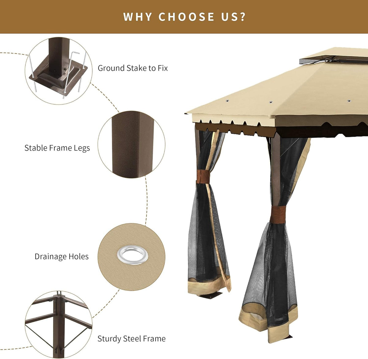 10x13 ft Khaki Steel Gazebo with Mosquito Netting A5665