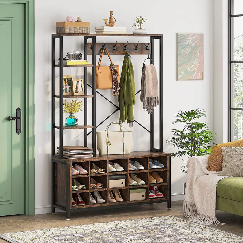 Industrial Hall Tree with Bench and Shoe Storage and Coat Rack L410