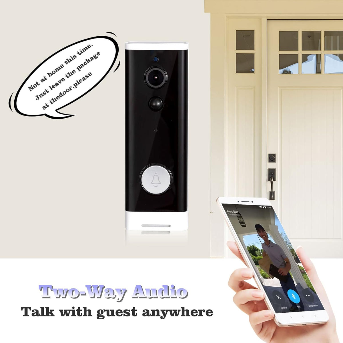 Wireless HD Video Camera Doorbell with Chime, 2-Way Audio, Rechargeable Battery, Night Vision, IP65 Waterproof Z556722